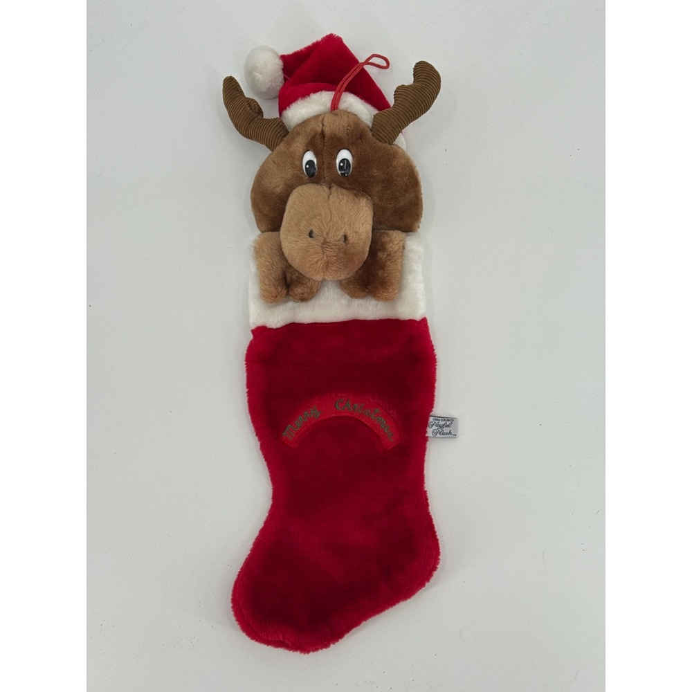 Vintage 1988 CHRISHA Playful Plush Reindeer Moose Christmas Stocking Santa Hat